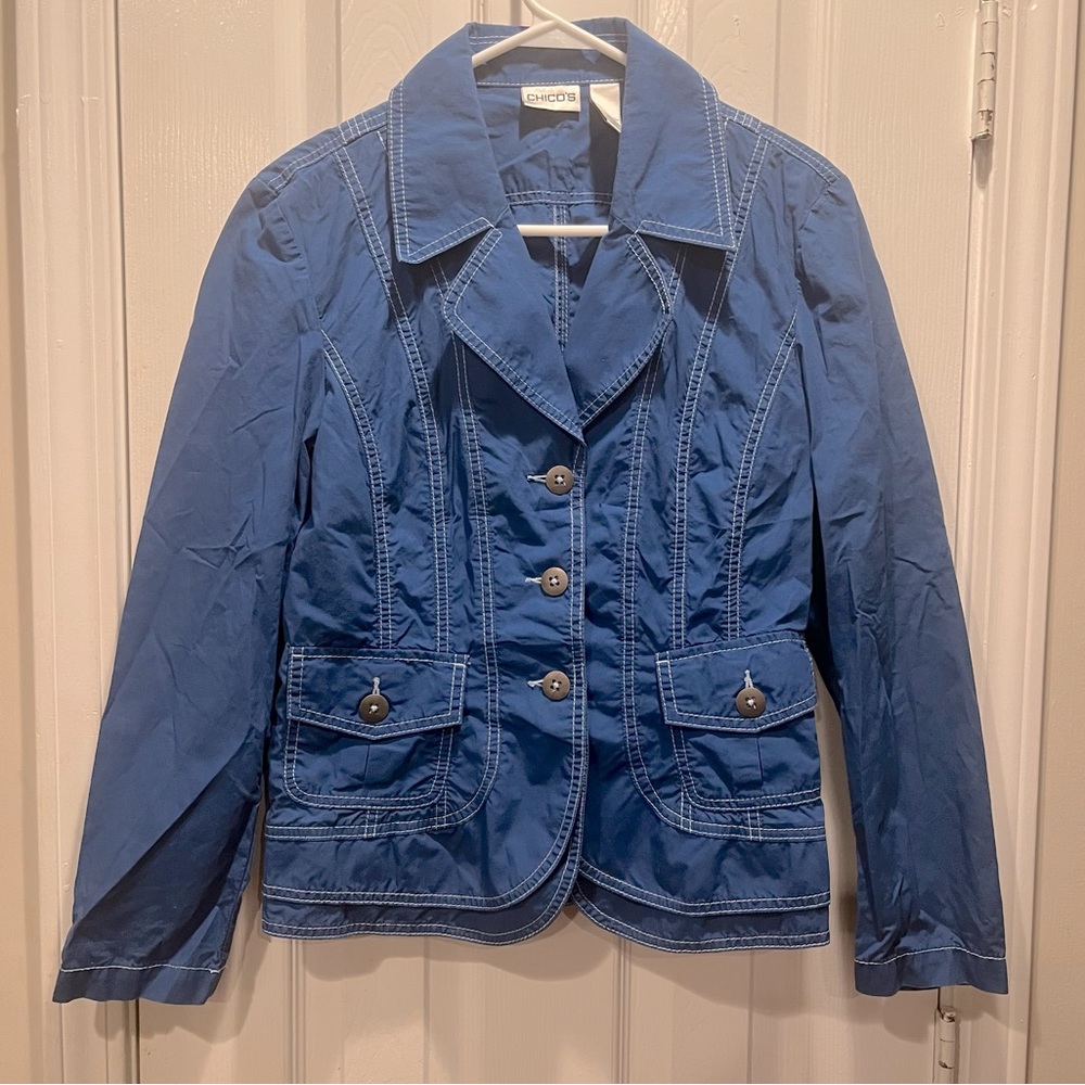 Chico's Blue cotton lightweight Blazer Medium button long sleeve notch c…